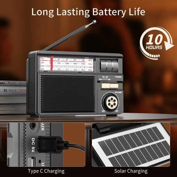 Portable AM FM SW Radio with Reception, Rechargeable & Solar Power, Big Speaker, Large Tuning Knob,Bluetooth, Earphone Jack for Gift, Elder, Home