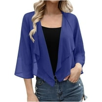 BLVB Womens Summer Tops 3/4 Sleeve Short Shrugs Cardigans Shawl Collar Casual Chiffon Bolero Jackets Cover Ups