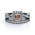 thumbnail image 3 of JeenMata 1.25 CT - Princess Cut - Champagne created morganite - Double Halo - Twisted Band - Vintage Inspired - Wedding Ring Set in 18K Black Gold over Silver, 3 of 8