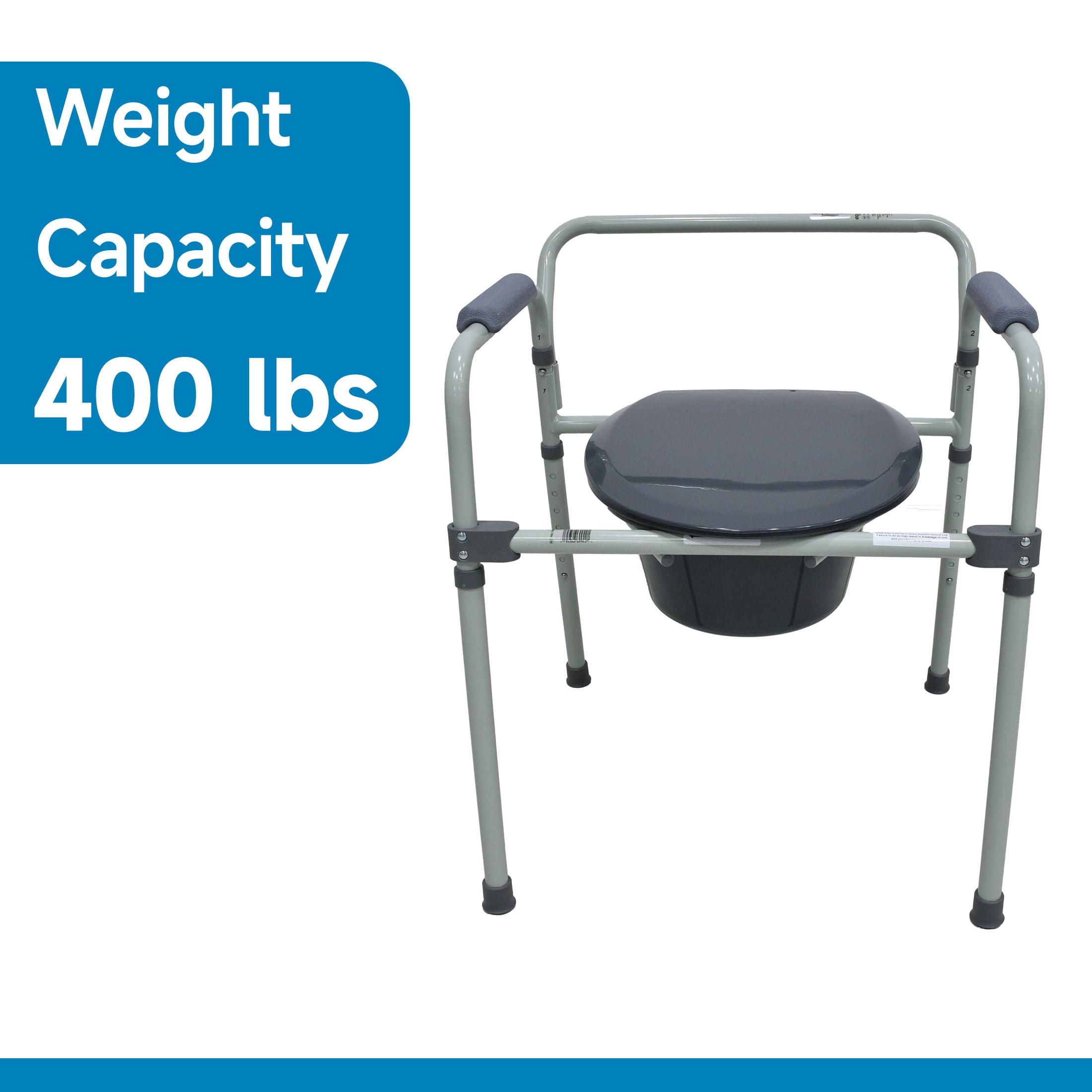 Equate Steel Foldable 3-in-1 Bedside Commode Toilet, Gray – 400 lb Weight Capacity