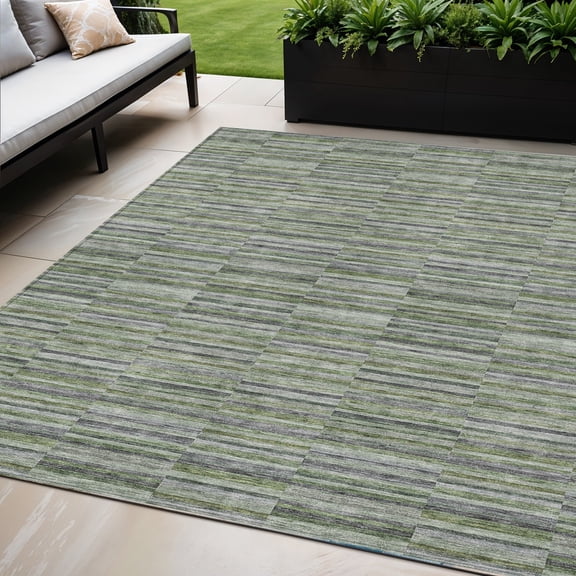 5' X 8' Olive Green And Gray Striped Washable Indoor Outdoor Area Rug