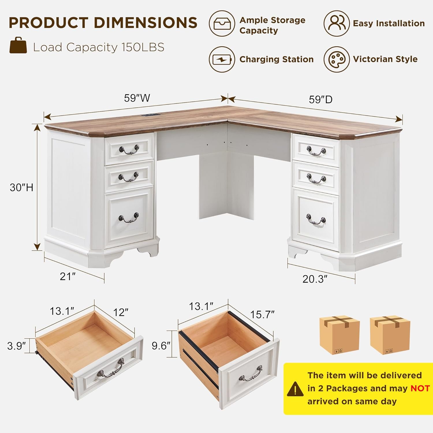 OKD Farmhouse L Shaped Desk with Charging Station and Drawers，Engineered Wood Executive Desk，for Home Office & Living Room