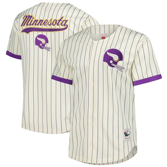 Men's-Mitchell & Ness  Cream Minnesota Vikings Vintage Logo Final Seconds Full-Button Mesh Top