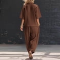 thumbnail image 6 of Bloomae Women's Casual 2 Piece Outfit Lightweight Cotton Linen V Neck Wrap Button Down Short Sleeve Top with Pockets Baggy Pants Trendy Solid Summer Lounge Set for Vacation Daily Wear Coffee XXXL, 6 of 9