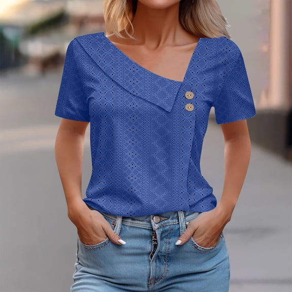 Women's Casual V-Neck Short Sleeve T-Shirt, Loose Fit Summer Solid Top