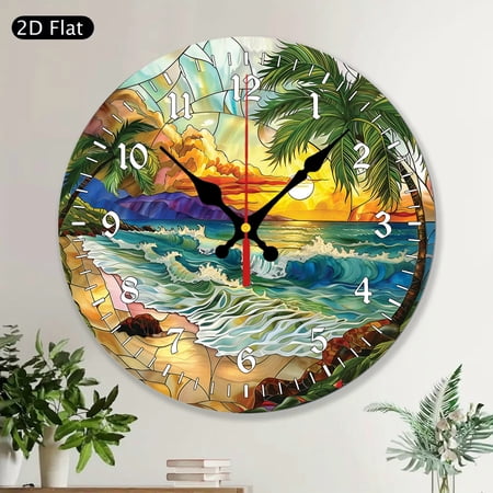Round Wall Clock, The Beach Painted Stained Glass MDF Wood, Beach House Wall Hanging Decor for Beach Decor