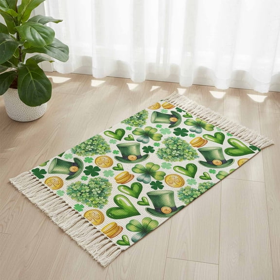 Area Rug with Tassels 2' x 3', St Patrick's Day Clovers Hat Coin Kitchen Runner Rug for Hallway Bedroom Throw Rugs, Green Heart Shamrocks Leaf Soft Door Mat for Bathroom Entrance Living Room