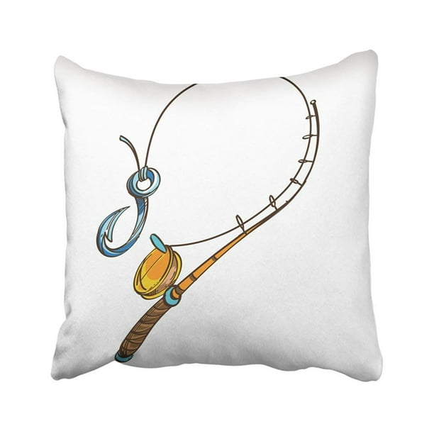 RYLABLUE Blue Reel Fishing Rod White Yellow Cartoon Catch Doodle Draw  Drawing Equipment Fish Pillowcase Pillow Cover 18x18 inches 