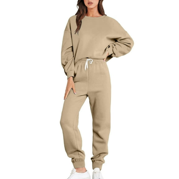 IROINNID Tracksuit For Women 2 Pieces Set Discount Drop Shoulder Sleeves Solid Loose Sweatshirts Long Sleeve Round Neck Tops/Shirt Set Sport Suit,Beige