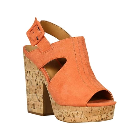 Chunky Cork Heels - Women Faux Suede Peep Toe Mule Slingback Cork Platform Chunky Heel Sandal 18249