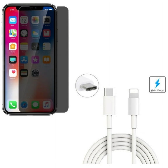 iPhone XS/X - 6ft USB Cable w Tempered Glass Privacy Screen Protector - Type-C to iPhone Charger Power Cord Sync Wire, Curved Anti-Spy Anti-Peep 3D Edge Case Friendly