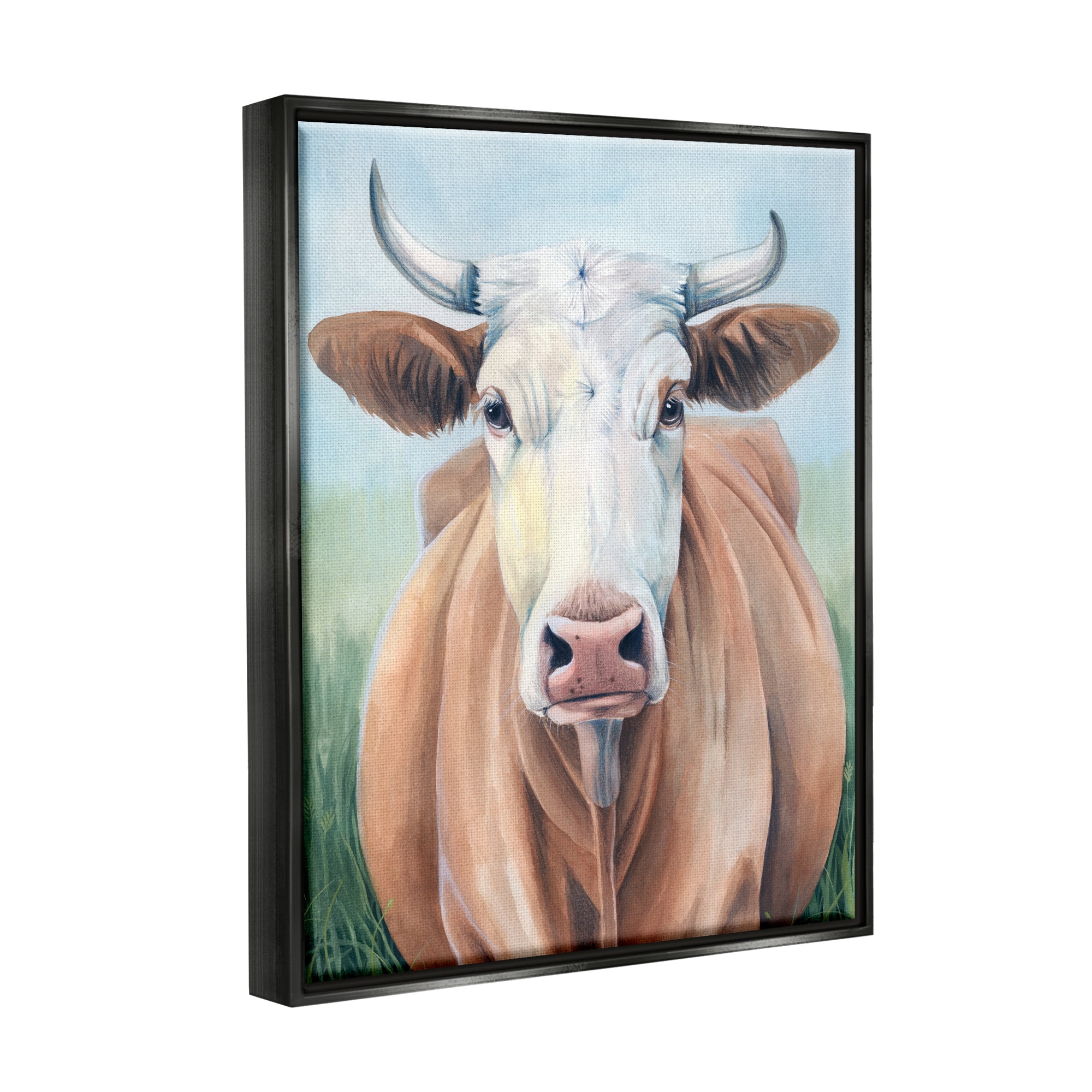 Stupell Industries Brown Cow Gazing Portrait Animals & Insects Painting Black Floater Framed Canvas Art Print Wall Art, 17 x 21