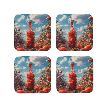 

Honeii Tomato Field Bottle Print Leather Coaster Set of 4 Ideal for Safeguarding Your Furniture from Drinks Spills and Effortless Cleanup-Square