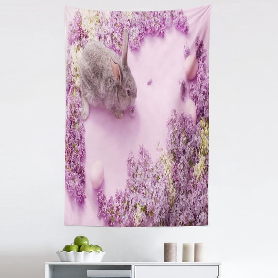 Easter Bunny Tapestry, Grey Easter Rabbit Surrounded by Lilac Flowers Fresh Spring Time, Fabric Wall Hanging Decor for Bedroom Living Room Dorm, 5 Sizes, Lilac Multicolor, by Ambesonne