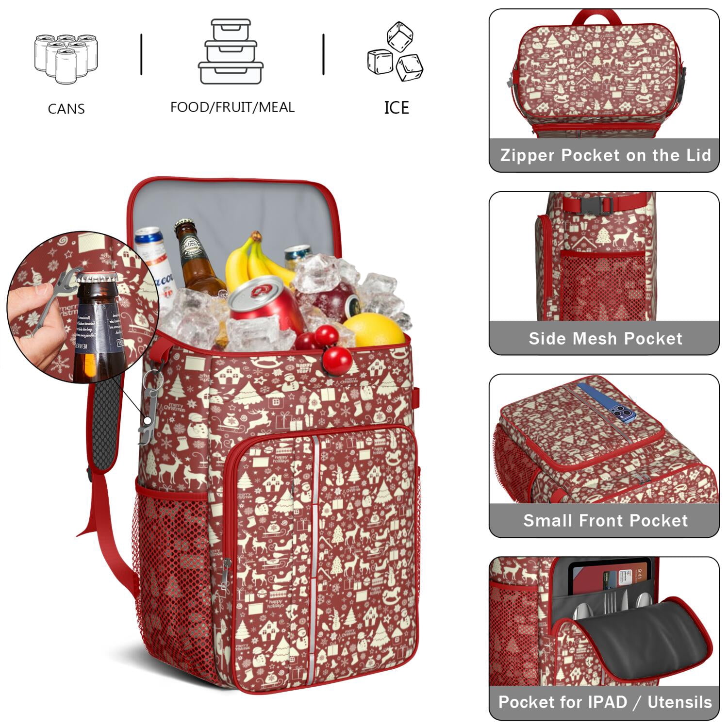 Travel Cooler Bag - Red Christmas Icon Pattern Camping Beer Cooler Backpack with Bottle Opener- Waterproof Insulated Picnic Backpacks - Cooler Bag for Beach