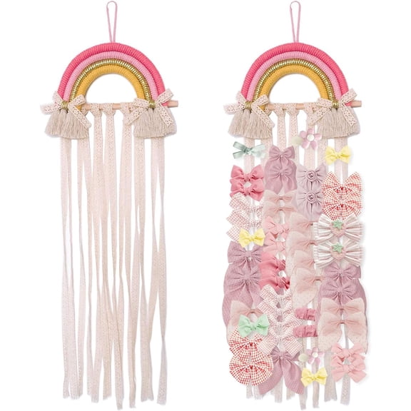 Cute Rainbow Tassel Hair Bow Holder Hanging Organizer, Pink Yellow Wall Hanger for Hair Clips Bows, Lovely Room Wall Decor for Kids Girls