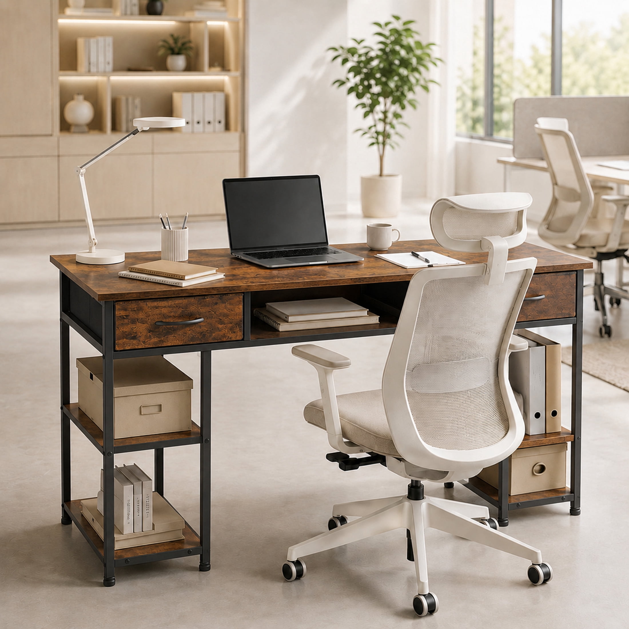 edx Small Desk with Fabric Drawers & Storage Shelves, 48 Inch Computer Desk Modern Writing Desk Study Table for Home Office, Brown Rust