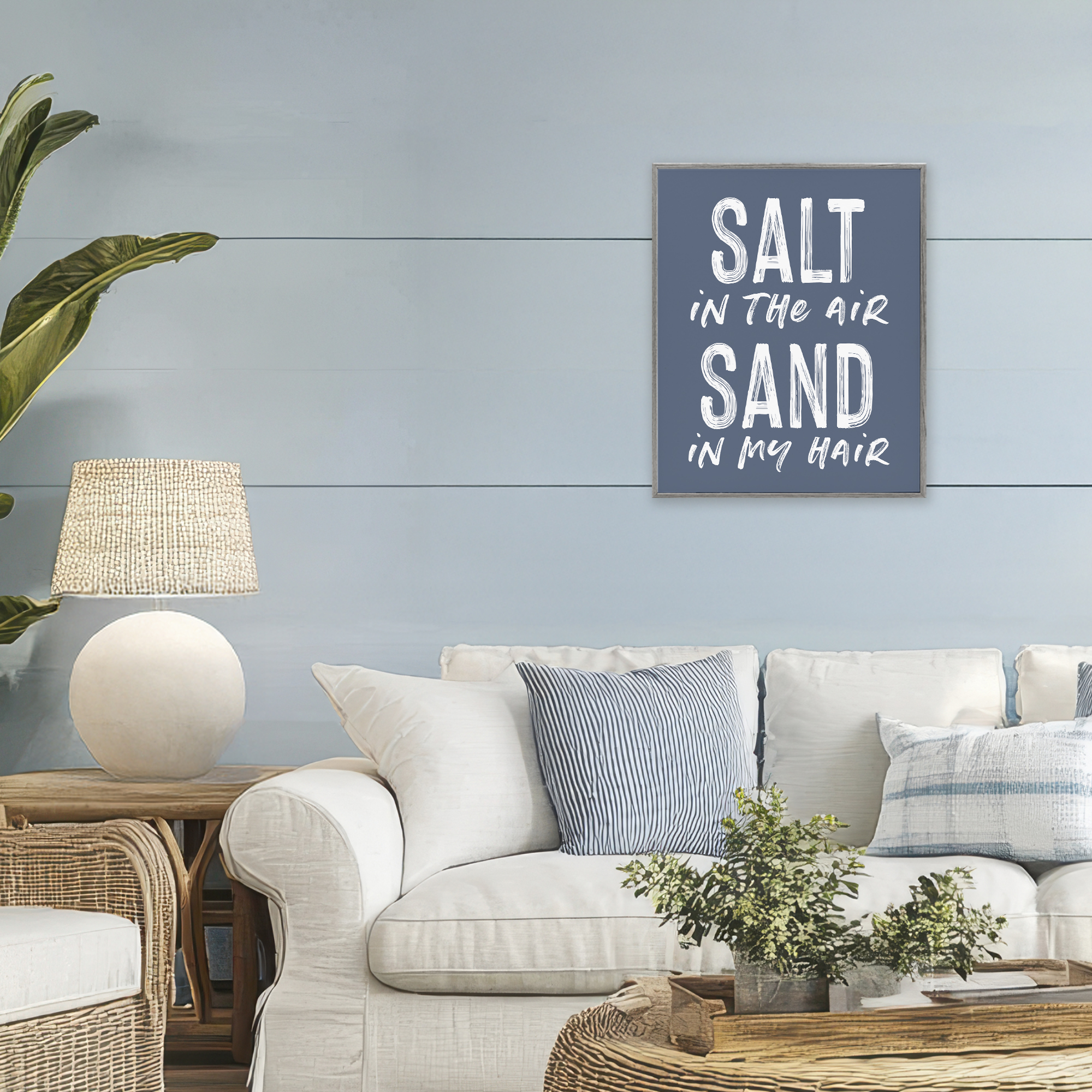 Summer Sentiment Salt Sand In Hair Gray Framed Giclee Art, design by Lettered and Lined