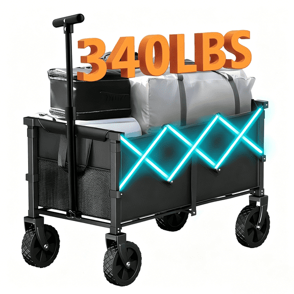 340/480/680 Lb Capacity Heavy Duty All Terrain Folding Cart - Stainless Steel Frame and 600D Oxford Cloth, Foldable Utility Van for Camping, Gardening, Beach, Shopping - Garden Tool Bracket, Sturdy