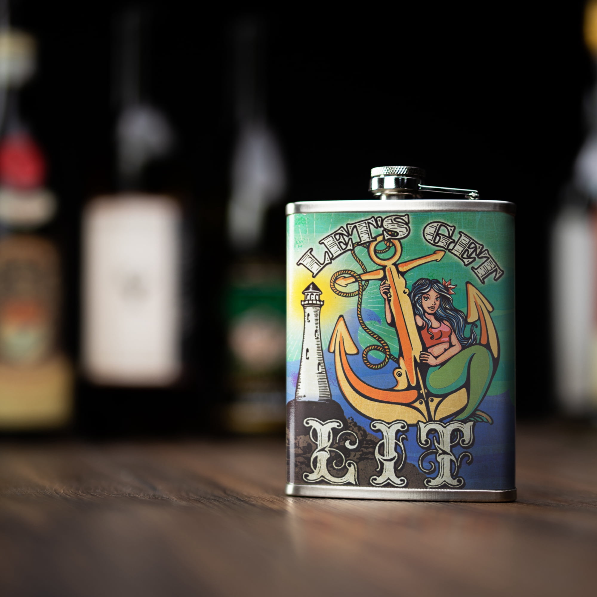American Art Decor 8 oz Liquor Flask – Let’s Get Lit Stainless Steel Hip Flask | Heavy Duty, Leak - Proof | Novelty, Funny Flask for Men and Women (5.5" x 4" x 1.25")