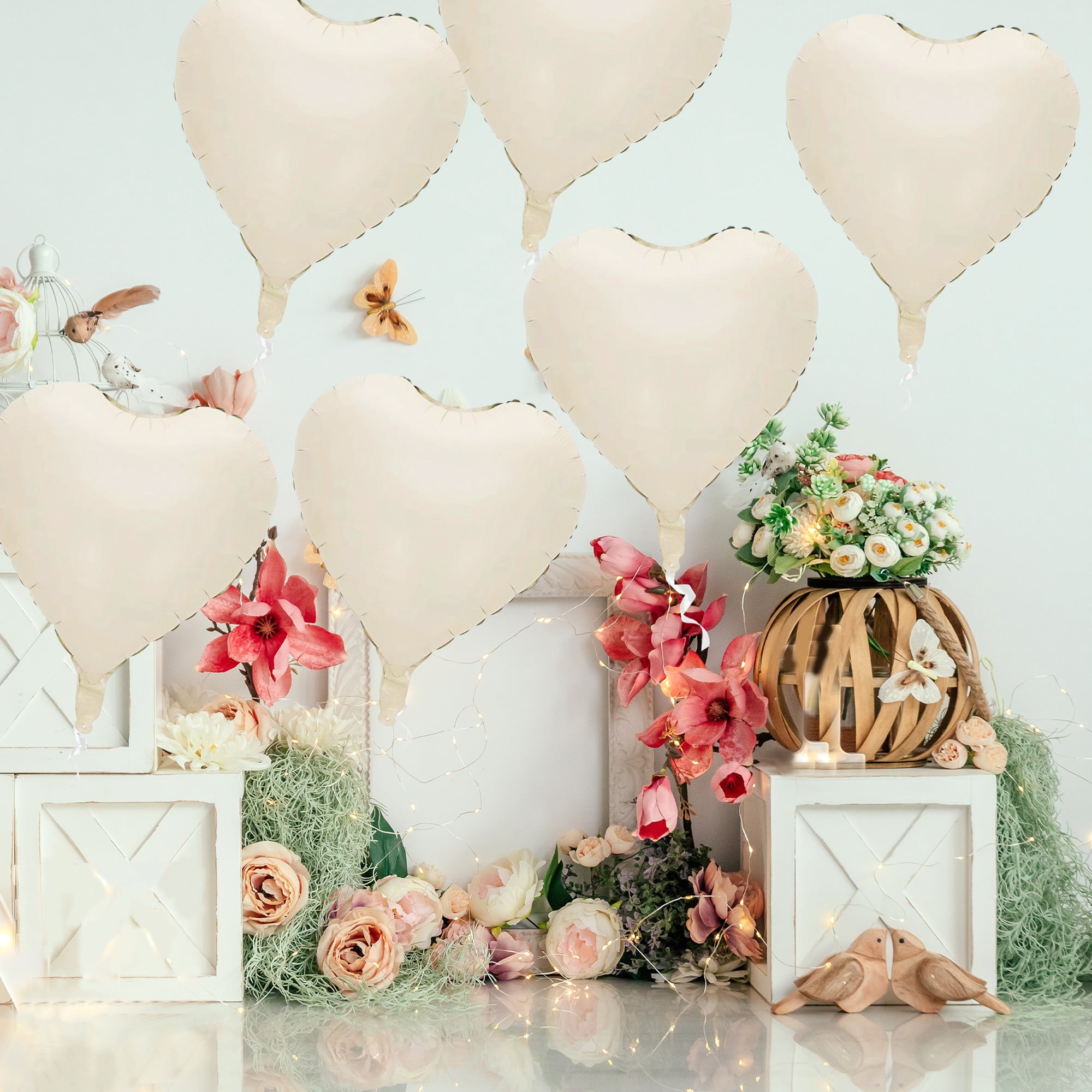 Unique Bargains 10Pcs Helium Balloons with Ribbon Heart Pattern Cream White