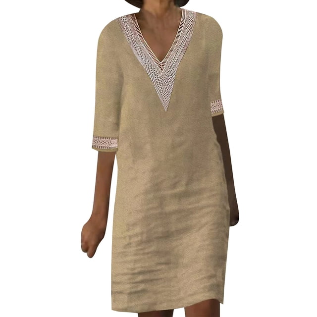 Gibobby Vestido corta de fiesta casual Mujer Casual Half Mini vacaciones cuello en V vestidos cortos para mujer 2023(Caqui,G)