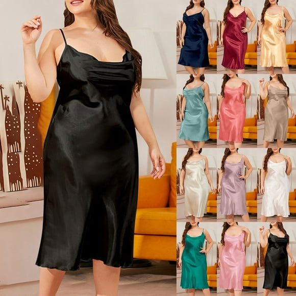 Fartey Nuisette en Satin pour Femmes Élégante Bretelles Spaghetti Col en V Vêtements de Nuit Doux Confortables Sans Manches Nuisette Ample Fluide Couleur Unie Soie Violet 2TG