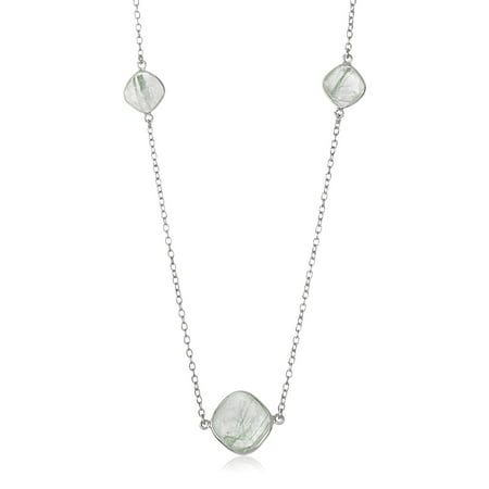 Green Rutilated Quartz Necklace - Sterling Silver Rhodium Plated Green Rutilated Quartz Cushion Station Necklace - 36