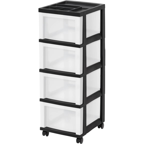 4-Drawer Narrow Plastic Storage Cart with Organizer Top, Black