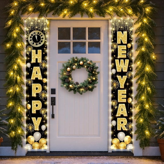 2026 Happy New Year Banner , 72x12 Inch Large Front Door Porch Sign, One Pair Black and Gold Hanging Banner Decorations, New Years Eve Party Supplies for Outdoor Indoor Home Wall Decor