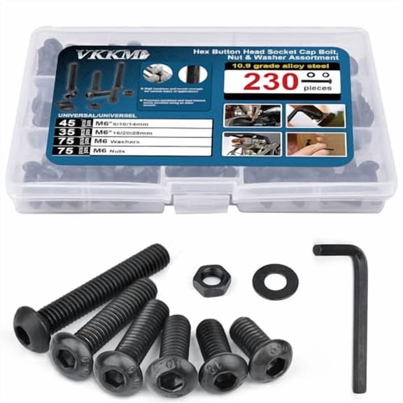 230Pcs M6 x 8/10/14/16/20/25mm Metric Hex Head Socket Cap Bolts, Nuts & Washers Assortment, 10.9 Grade Alloy Steel Machine Screws Kit, Black Oxide Coated