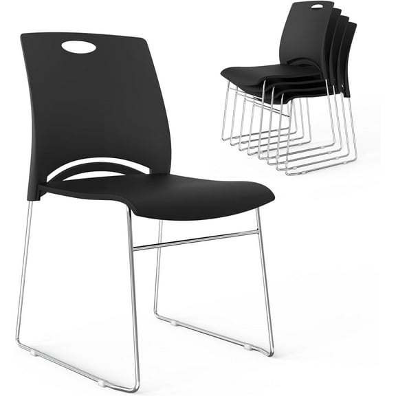 VINGLI Stacking Chairs Set of 5 Stackable Office Chairs with Metal Sled Base, Ergonomic Plastic Seat, Stacking Chairs for Waiting Room Break Room Banquet Guest, Black