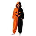 thumbnail image 2 of Halloween Colorblock Pumpkin Onesie, Zip-Up Hooded Flannel Jumpsuit with Jack-O-Lantern Face (1 PC) Black L, 2 of 5