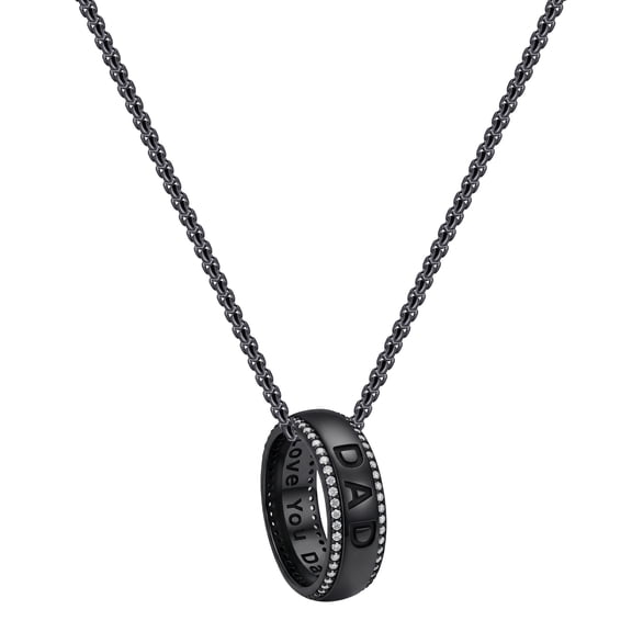 DAD Ring Pendant Necklace, Black & Silver Two-Tone Options, Engraved "I Love You Dad" Cubic Zirconia Jewelry Gift
