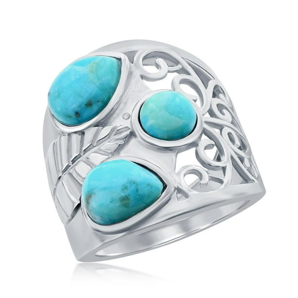 Beaux Bijoux Leaf Designed Turquoise Statement Ring Sterling Silver Jewelry  for Women or Teens-size 7