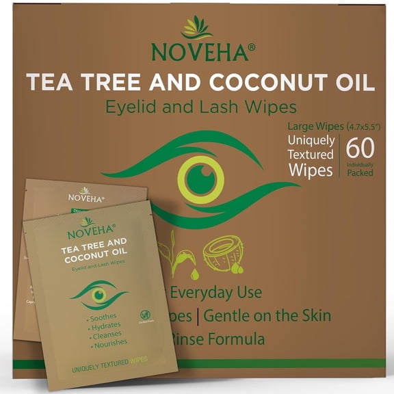 NOVEHA 60PCs Tea Tree & Coconut Oil Eyelid & Lash Wipes For Demodex, Blepharitis & Itchy Eyes, Eyelash Wipes With Aloe Vera, Daily Eye Cleanser