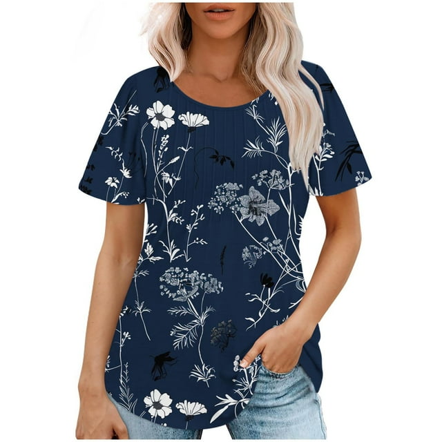 Hauts d'Été à Manches Courtes Femme Mode 2024 Blouses Plissées Chic Décontractées Col Rond T-Shirts de Couleur Unie (Petit, Bleu 18)