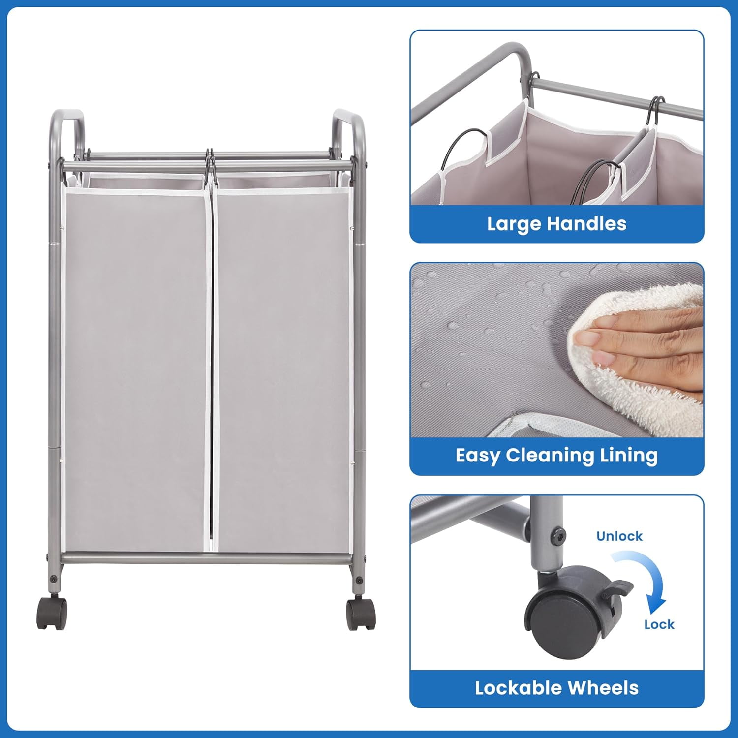 Laundry Sorter 2 Section, 90 L Gal Laundry Hamper with Wheels, Clothes Basket Separator Sorter, 2 Bag Clothes Cart with Wheels and Removable Bags for Closet, Dorm, Collage, Grey