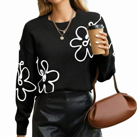 Women'S Casual Long Sleeve Round Neck Top Drop Shoulder Pattern Cable Knit Pullover Sweater Black S