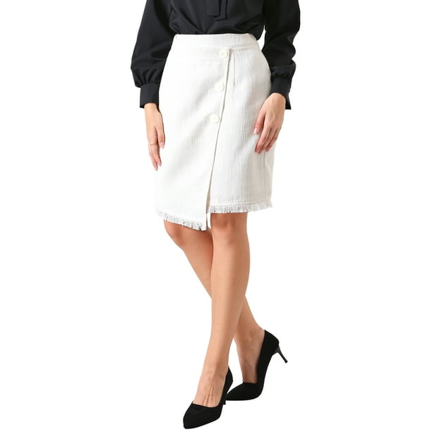 Falda de tweed para mujer Inspire Chic, con cintura alta elástica, decoración de botones, estilo envolvente falso, longitud a la rodilla, talla XL, blanca