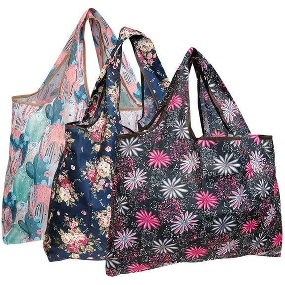 Wrapables Large Foldable Tote Nylon Reusable Grocery Bag, 3 Pack, Floral Fun
