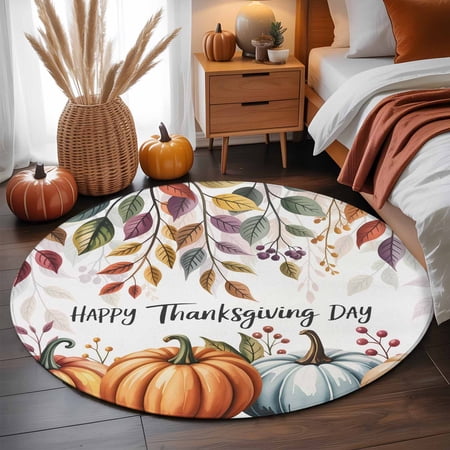 Happy Thanksgiving Pumpkins Round Area Rug 4ft Living Room Rug Non-Slip Washable Circle Rugs Pad Fall Leaf on Top Soft Floor Carpet for Bedroom Dining Room