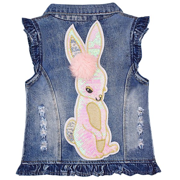 Yao 1-8Y Toddler Girls Denim Sequin Vest Distressed Jean Jacket(Bunny,3-4Y)