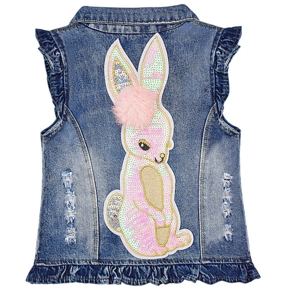 Yao 1-8Y Toddler Girls Denim Sequin Vest Distressed Jean Jacket(Bunny,3-4Y)