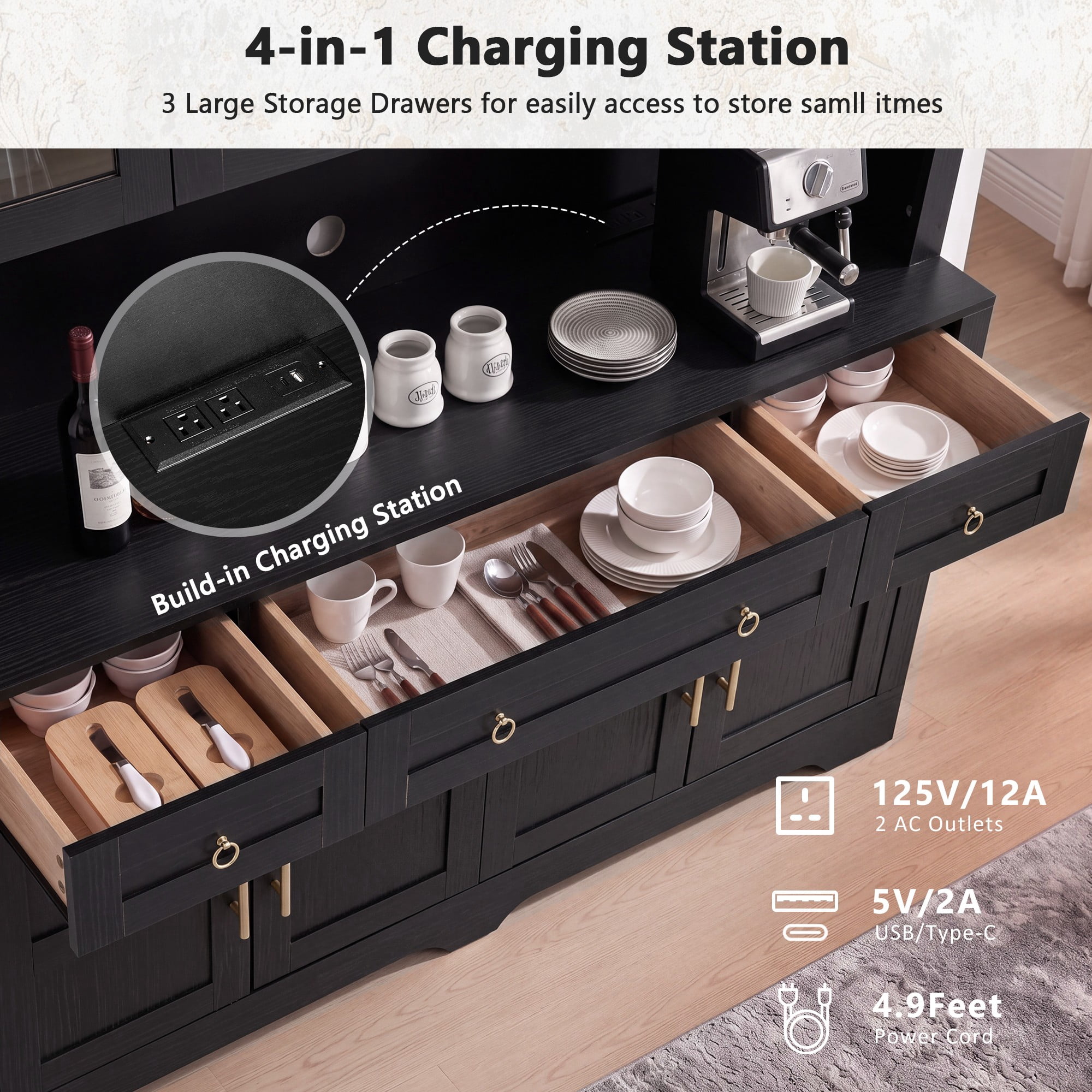 Aukfa 75.6"H Large Tall Kitchen Pantry Cabinet with Hutch, Arched Glass Doors, Built-In Charging Station & Smart LED Light,Black
