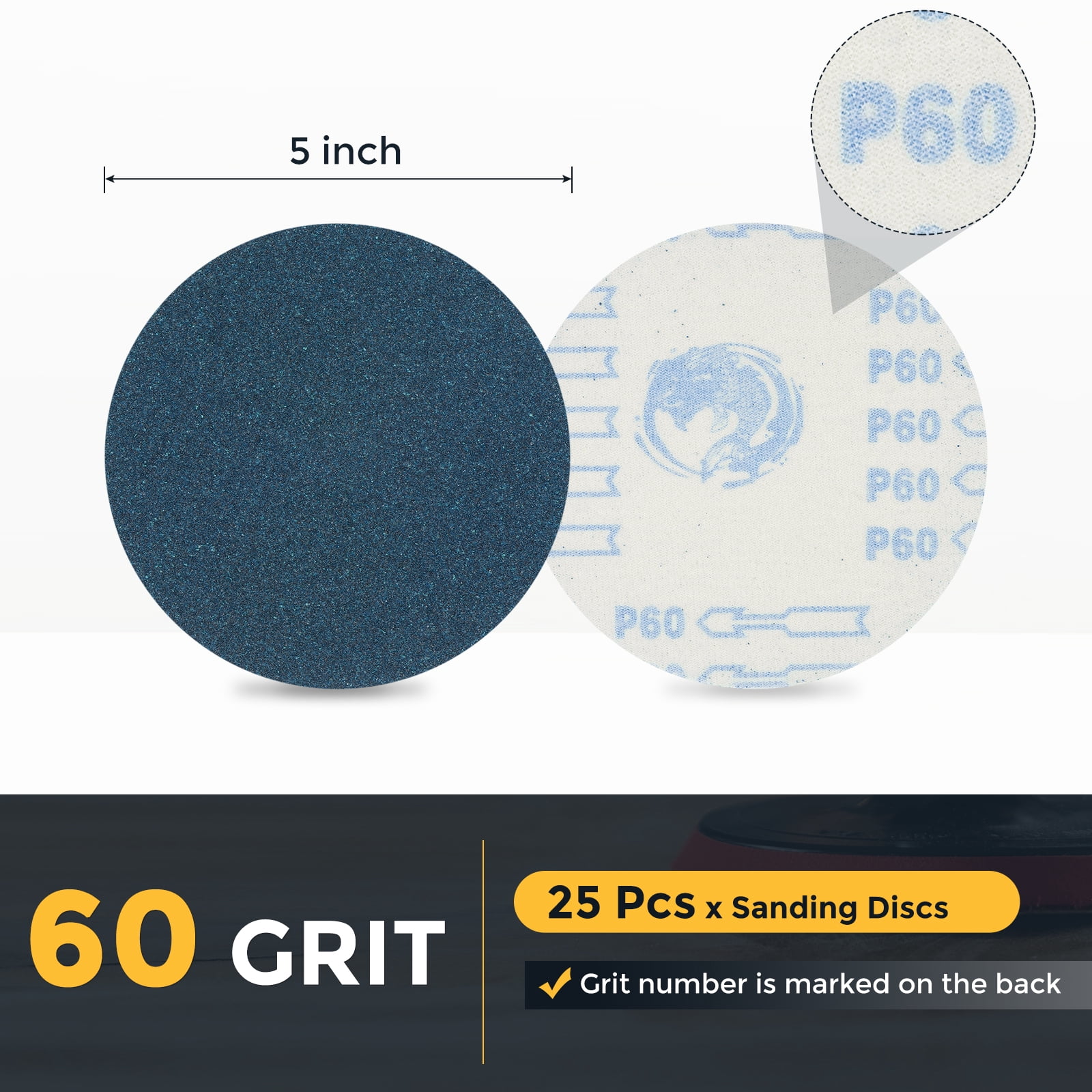 100 Pcs 5 Inch Sanding Disc 60 Grit Hook and Loop Sandpaper Random Orbital Sander Pads for Woodworking, Metal, Stone Grinding and Polishing, Blue