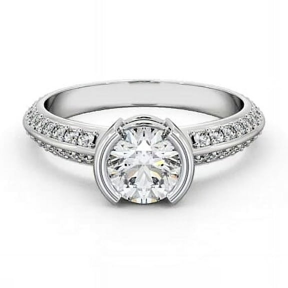 Spot Jewel 1.4 Ct Round Cut Lab Created Diamond Ring – Knife Edge Half Bezel Solitaire with Accent – Elegant 14K White Gold Plated Ring – Proposal Engagement Gift