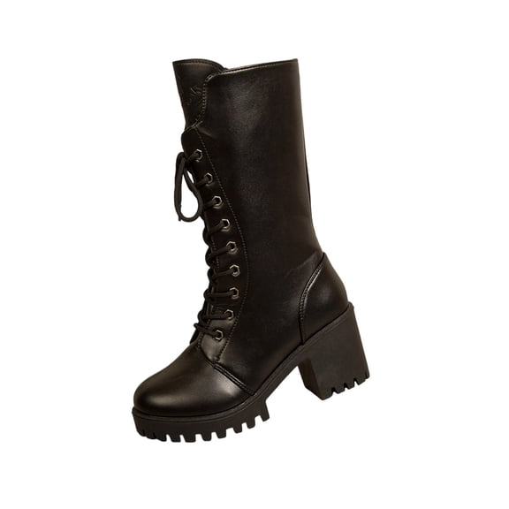 Black Women Plus Size British Inspired Round Toe Fall Winter Mid Tube Boots With Thick Heel For Motorcycle Style And Comfortable Wear