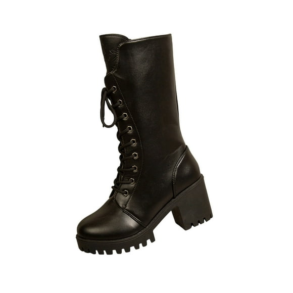Wdhugt Women'S Motorcycle Boots Mid Calf Round Toe Block Heel Pu Leather Upper Fall Winter Us Size 7.5 Foot Length 9.84 Inch