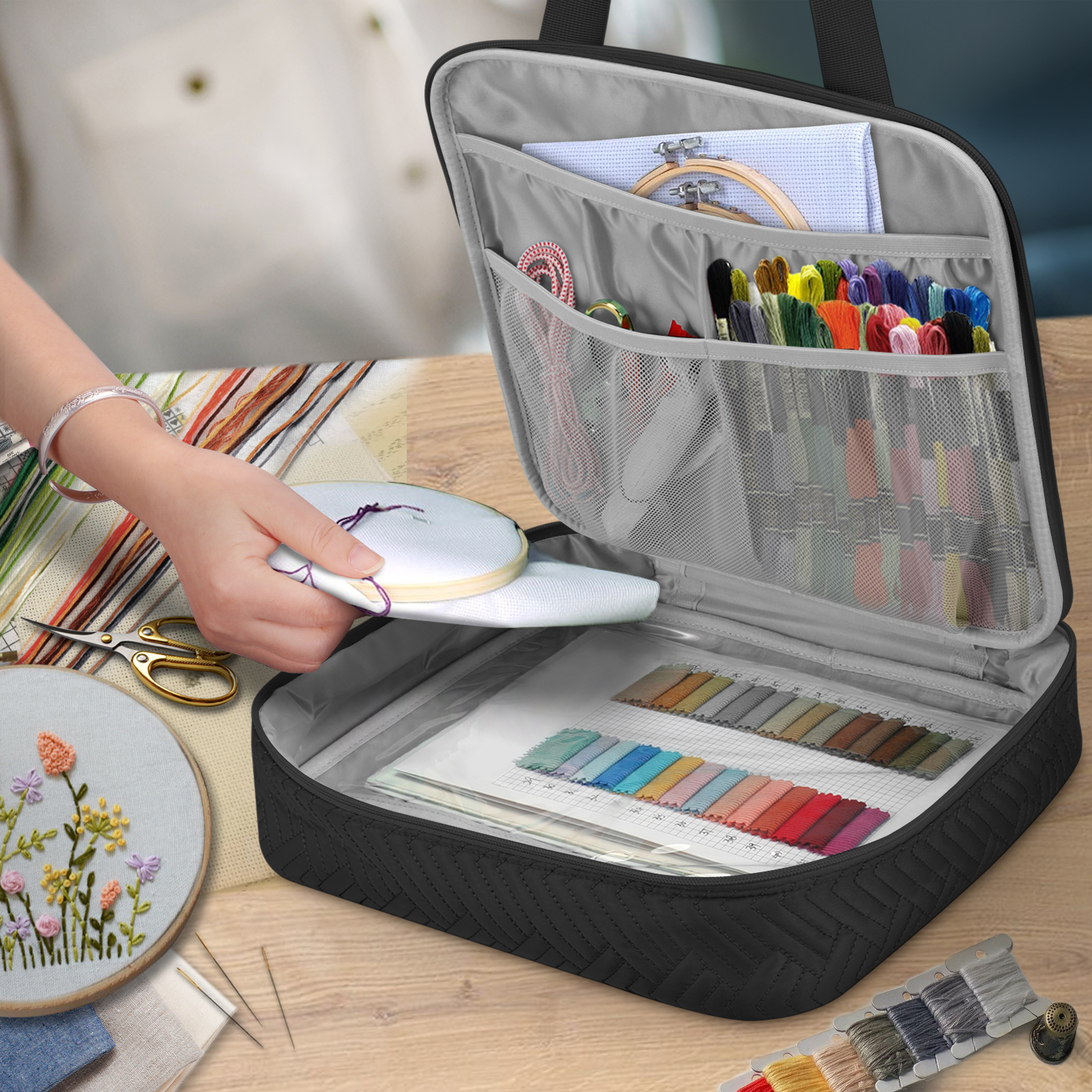 FINPAC Embroidery Bag, Cross Stitch Storage, Square Quilted Tote Organizer with Multiple Pockets for Floss, Hoops, Thread, Stitch Tools Kit [Bag Only], Black